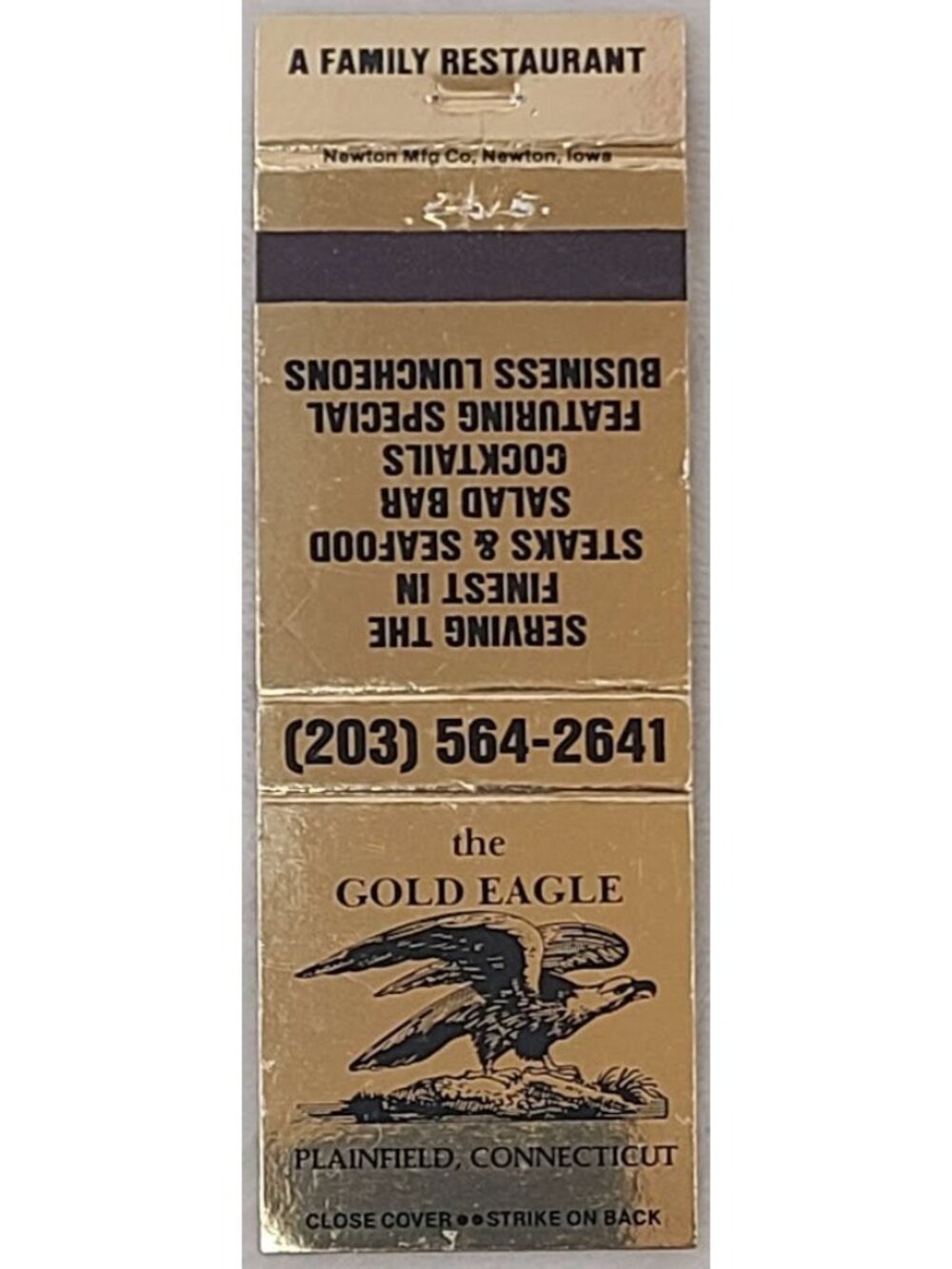 Vintage Matchbook Cover Gold Eagle Restaurant Plainfield CT Eagle Logo